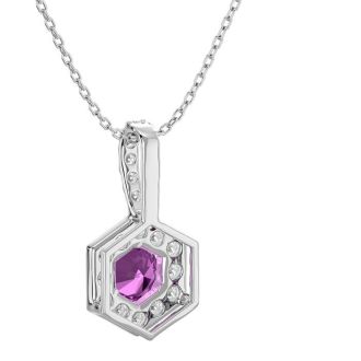 1/2 Carat Pink Topaz and Halo Diamond Necklace In 14 Karat White Gold, 18 Inches