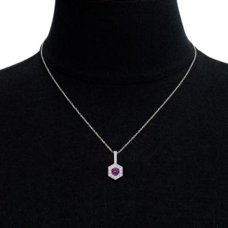 1/2 Carat Pink Topaz and Halo Diamond Necklace In 14 Karat White Gold, 18 Inches