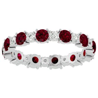 1 1/2 Carat Ruby and Moissanite Eternity Ring In 14 Karat White Gold, Ring Size 7.5