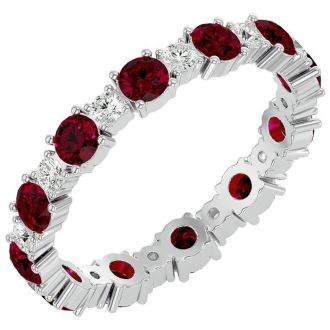 1 1/2 Carat Ruby and Moissanite Eternity Ring In 14 Karat White Gold, Ring Size 7.5