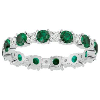 1 1/2 Carat Emerald and Diamond Eternity Ring In 14 Karat White Gold, Ring Size 5