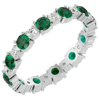 1 1/2 Carat Emerald and Diamond Eternity Ring In 14 Karat White Gold, Ring Size 8.5