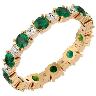 1 1/2 Carat Emerald and Diamond Eternity Ring In 14 Karat Yellow Gold, Ring Size 6