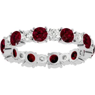 2 1/4 Carat Ruby and Moissanite Eternity Ring In 14 Karat White Gold, Ring Size 7