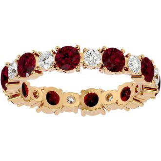 2 1/4 Carat Ruby and Moissanite Eternity Ring In 14 Karat Yellow Gold, Ring Size 7.5