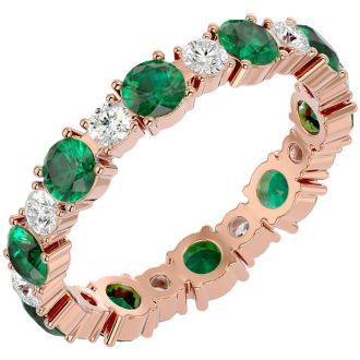 2 Carat Emerald and Diamond Eternity Ring In 14 Karat Rose Gold, Ring Size 4.5
