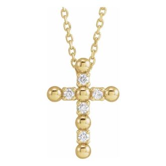 0.07 Carat Diamond Beaded Cross Necklace In 14 Karat Yellow Gold, 16-18 Inches