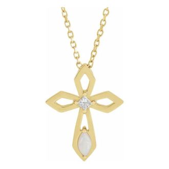 0.05 Carat Diamond and Opal Cross Necklace In 14 Karat Yellow Gold, 16-18 Inches