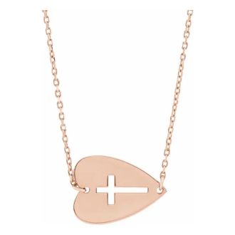 Sideways Cross Necklace In Heart In 14 Karat Rose Gold, 18 Inches