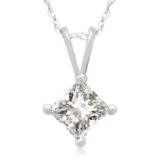 Diamond Pendants: 5/8ct Princess Diamond Solitaire Pendant, 14k White Gold
