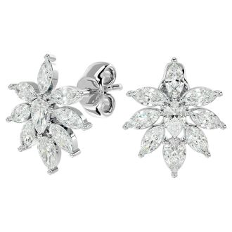 Diamond Drop Earrings: 2 Carat Fancy Diamond Cluster Stud Earrings In 14 Karat White Gold