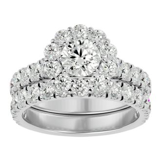 3 Carat Halo Diamond Bridal Set In 14 Karat White Gold. Huge Bridal Set At A Very Low Price