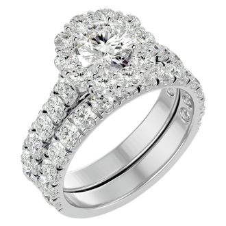 3 Carat Halo Diamond Bridal Set In 14 Karat White Gold. Huge Bridal Set At A Very Low Price