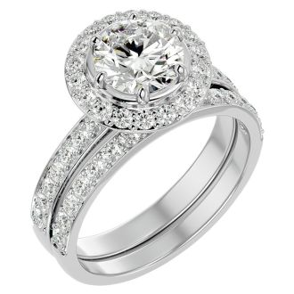2 1/2 Carat Moissanite Halo Bridal Set In 14 Karat White Gold With 1 1/2 Carat Center Moissanite