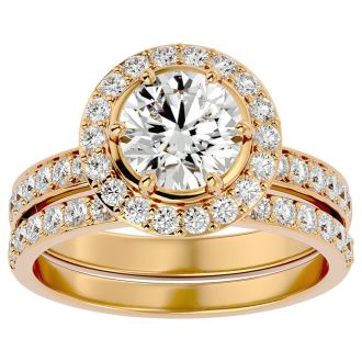 2 1/2 Carat Moissanite Halo Bridal Set In 14 Karat Yellow Gold With 1 1/2 Carat Center Moissanite