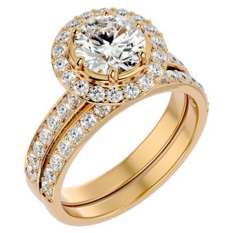 2 1/2 Carat Moissanite Halo Bridal Set In 14 Karat Yellow Gold With 1 1/2 Carat Center Moissanite