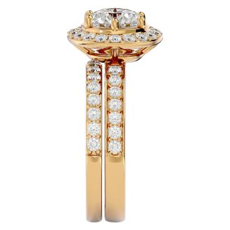 2 1/2 Carat Moissanite Halo Bridal Set In 14 Karat Yellow Gold With 1 1/2 Carat Center Moissanite