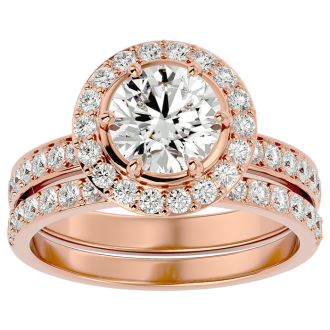2 1/2 Carat Halo Diamond Bridal Set In 14 Karat Rose Gold With 1 1/2 Carat Center Diamond