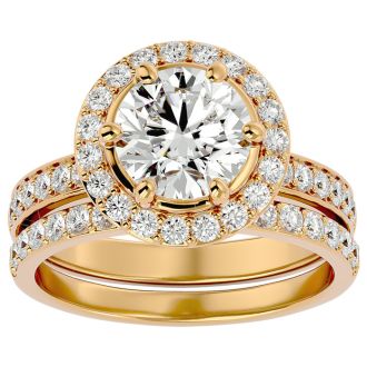 3 Carat Moissanite Halo Bridal Set In 14 Karat Yellow Gold With 2 Carat Center Moissanite