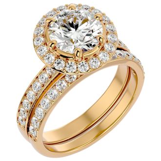 3 Carat Moissanite Halo Bridal Set In 14 Karat Yellow Gold With 2 Carat Center Moissanite
