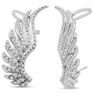Diamond Drop Earrings: 1/4 Carat Diamond Feather Cuff Earrings In White Gold Overlay.  Sells Out Immediately!