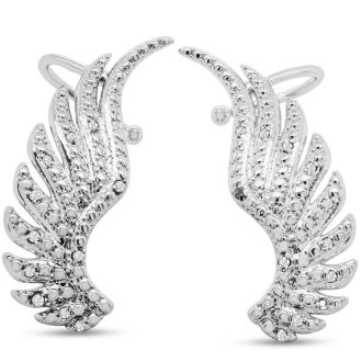 Diamond Drop Earrings: 1/4 Carat Diamond Feather Cuff Earrings In White Gold Overlay.  Sells Out Immediately!