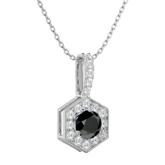 1/2 Carat Black Diamond and Halo Diamond Necklace In 14 Karat White Gold, 18 Inches