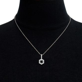 1/2 Carat Black Diamond and Halo Diamond Necklace In 14 Karat White Gold, 18 Inches