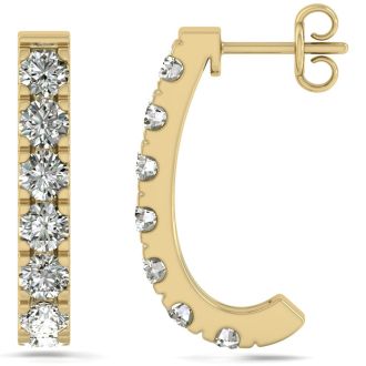 3 Carat Diamond J Hoop Earrings In 14 Karat Yellow Gold. Sizzling, Fiery Gorgeous Hue Hoop Earrings!