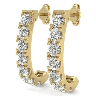 3 Carat Diamond J Hoop Earrings In 14 Karat Yellow Gold. Sizzling, Fiery Gorgeous Hue Hoop Earrings!