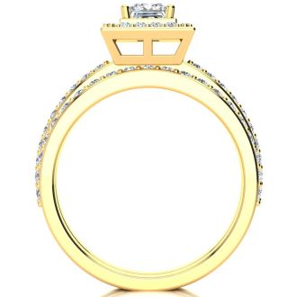 1 Carat Princess Cut Pave Halo Diamond Bridal Set in 14k Yellow Gold