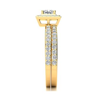 1 Carat Princess Cut Pave Halo Diamond Bridal Set in 14k Yellow Gold