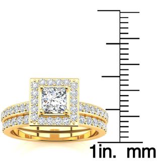 1 Carat Princess Cut Pave Halo Diamond Bridal Set in 14k Yellow Gold