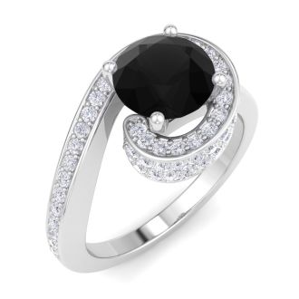 Modern Asymmetrical Round Brilliant 2 Carat Black Diamond Engagement Ring In 14K White Gold