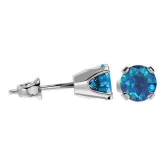 1 Carat Blue Diamond Stud Earrings in 14 Karat White Gold