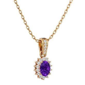 1 Carat Oval Shape Amethyst and Diamond Necklace In 14 Karat Yellow Gold, 18 Inches