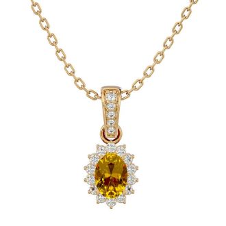 1 Carat Oval Shape Citrine and Diamond Necklace In 14 Karat Yellow Gold, 18 Inches