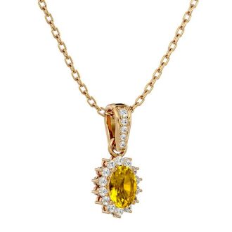 1 Carat Oval Shape Citrine and Diamond Necklace In 14 Karat Yellow Gold, 18 Inches