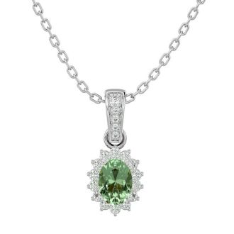 1 Carat Oval Shape Green Amethyst and Diamond Necklace In 14 Karat White Gold, 18 Inches