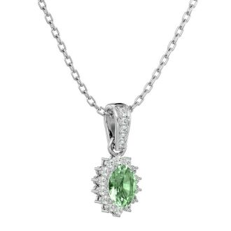 1 Carat Oval Shape Green Amethyst and Diamond Necklace In 14 Karat White Gold, 18 Inches