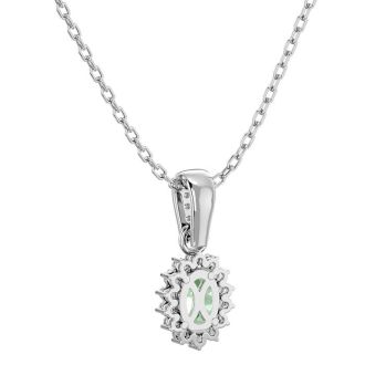 1 Carat Oval Shape Green Amethyst and Diamond Necklace In 14 Karat White Gold, 18 Inches