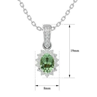 1 Carat Oval Shape Green Amethyst and Diamond Necklace In 14 Karat White Gold, 18 Inches