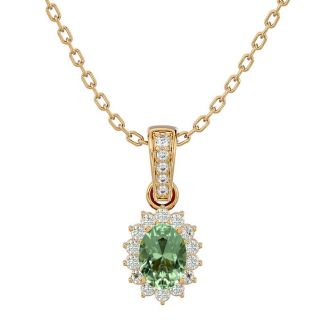 1 Carat Oval Shape Green Amethyst and Diamond Necklace In 14 Karat Yellow Gold, 18 Inches