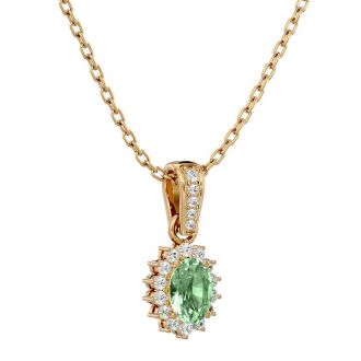 1 Carat Oval Shape Green Amethyst and Diamond Necklace In 14 Karat Yellow Gold, 18 Inches
