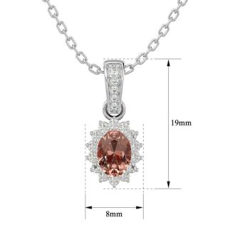 1 Carat Oval Shape Morganite and Diamond Necklace In 14 Karat White Gold, 18 Inches