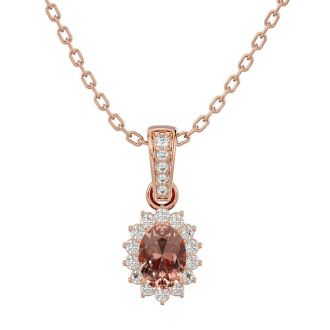 1 Carat Oval Shape Morganite and Diamond Necklace In 14 Karat Rose Gold, 18 Inches