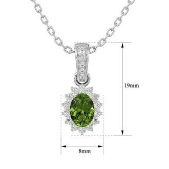 1 1/3 Carat Oval Shape Peridot and Diamond Necklace In 14 Karat White Gold, 18 Inches
