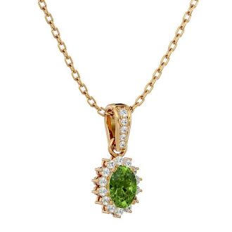 1 1/3 Carat Oval Shape Peridot and Diamond Necklace In 14 Karat Yellow Gold, 18 Inches