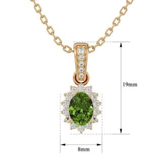 1 1/3 Carat Oval Shape Peridot and Diamond Necklace In 14 Karat Yellow Gold, 18 Inches