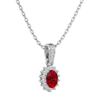 1 1/3 Carat Oval Shape Ruby and Diamond Necklace In 14 Karat White Gold, 18 Inches